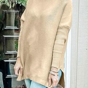 LILLUSORY Clothes Sweaters for Women 2023 Outfit Clothing Long Batwing Sleeve Spilt Hem Tunic Pullover Sweater Knit Tops Apricot