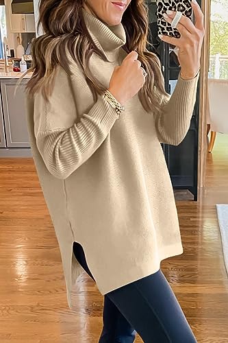 LILLUSORY Clothes Sweaters for Women 2023 Outfit Clothing Long Batwing Sleeve Spilt Hem Tunic Pullover Sweater Knit Tops Apricot