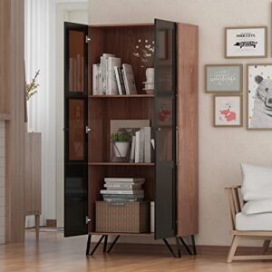 ecacad 3-tier tall bookcase storage cabinet with 2 acrylic glass doors, wood bookshelf display cabinet with metal legs for living room & office, brown and black (31.5”l x 15.9”w x 70.7”h)