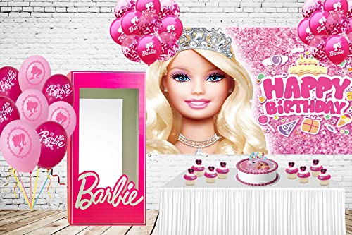 Barbie Backdrops for Girl Birthday Party Decorations Supplies, Barbie Theme Birthday Photo Background for Cake Table Decorations, Happy Birthday Barbie Banner, Polyester 7x5ft, Birthday Pink Barbie