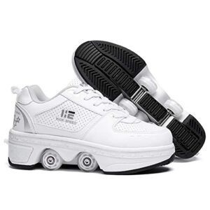 kofuboke unisex deformation roller skate shoes kids double-row walking shoes with invisible wheels adult 2 in 1 removable pulley parkour skating (white without light, 2.5)