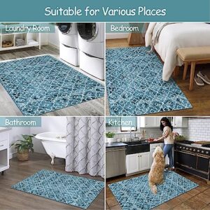 Moynesa Boho 3x5 Area Rug, Modern Washable Teal Kitchen Rugs Non-Slip Entry Throw Rug Laundry Room Rugs Faux Wool Mat Low-Pile Floor Carpet for Entrance Living Room Bedroom Dining