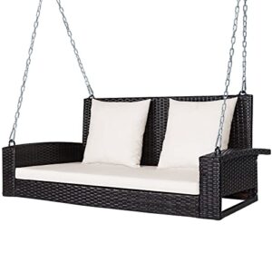 tangkula 2-person wicker hanging porch swing, patiojoy outdoor rattan swing bench w/ 2 back cushions & 1 seat cushion, sturdy steel chain, 800lbs weight capacity, suitable for deck, backyard, garden