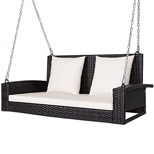 Tangkula 2-Person Wicker Hanging Porch Swing, Patiojoy Outdoor Rattan Swing Bench W/ 2 Back Cushions & 1 Seat Cushion, Sturdy Steel Chain, 800lbs Weight Capacity, Suitable for Deck, Backyard, Garden