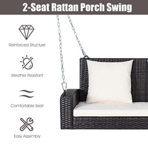 Tangkula 2-Person Wicker Hanging Porch Swing, Patiojoy Outdoor Rattan Swing Bench W/ 2 Back Cushions & 1 Seat Cushion, Sturdy Steel Chain, 800lbs Weight Capacity, Suitable for Deck, Backyard, Garden