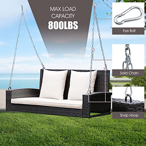 Tangkula 2-Person Wicker Hanging Porch Swing, Patiojoy Outdoor Rattan Swing Bench W/ 2 Back Cushions & 1 Seat Cushion, Sturdy Steel Chain, 800lbs Weight Capacity, Suitable for Deck, Backyard, Garden