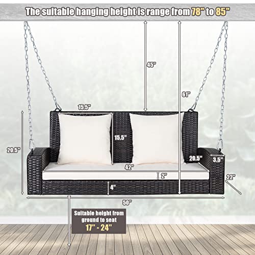 Tangkula 2-Person Wicker Hanging Porch Swing, Patiojoy Outdoor Rattan Swing Bench W/ 2 Back Cushions & 1 Seat Cushion, Sturdy Steel Chain, 800lbs Weight Capacity, Suitable for Deck, Backyard, Garden