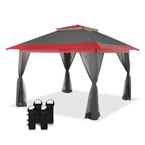 crown shades 13x13 outdoor pop up gazebo base 10x10 patio gazebos patented center lock quick setup newly designed storage bag instant canopy tent with mosquito nettings (13x13, red & grey)