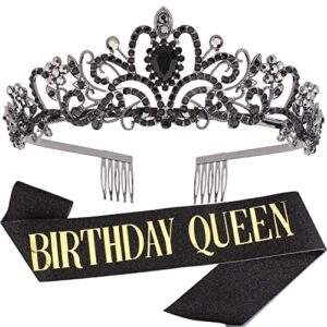 didder birthday tiara for women, black crystal crown & birthday queen sash set, tiaras for women birthday sash and tiara for women birthday crowns for women girls birthday gifts for women