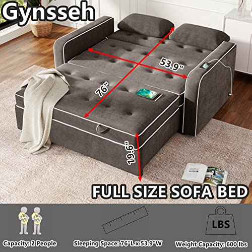 Gynsseh Pull Out Sofa Sleeper, 3 in 1 Convertible Sleeper Sofa Bed with Dual USB Ports and 2 Pillows, Linen Upholstered Adjustable Loveseat Couch with Pull Out Bed for Living Room (Brown Gray)