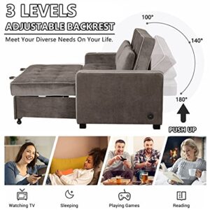 Gynsseh Pull Out Sofa Sleeper, 3 in 1 Convertible Sleeper Sofa Bed with Dual USB Ports and 2 Pillows, Linen Upholstered Adjustable Loveseat Couch with Pull Out Bed for Living Room (Brown Gray)