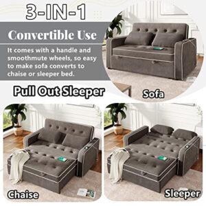 Gynsseh Pull Out Sofa Sleeper, 3 in 1 Convertible Sleeper Sofa Bed with Dual USB Ports and 2 Pillows, Linen Upholstered Adjustable Loveseat Couch with Pull Out Bed for Living Room (Brown Gray)