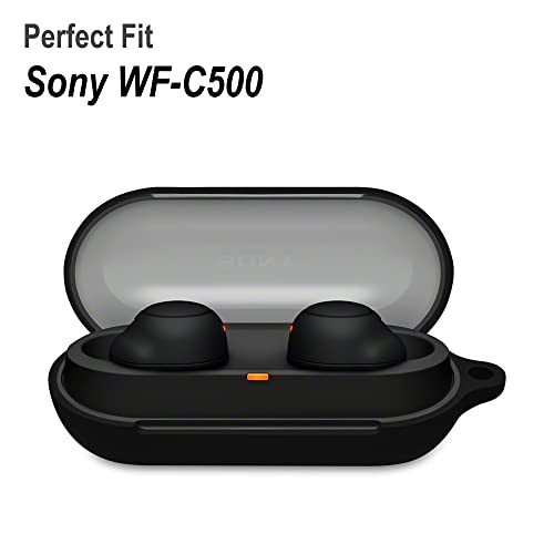 Geiomoo Silicone Carrying Case Compatible with Sony WF-C500, Portable Scratch Shock Resistant Cover with Carabiner (Black)