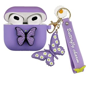 YQG Compatible with Airpods 3rd Gen 2021 Case Cover, Cute 3D Butterfly Fashion Cartoon Liquid Silicone Kids Teens Cases with Fun Cool Keychain for Apple Airpods 3rd Generation Charging Case (Purple)