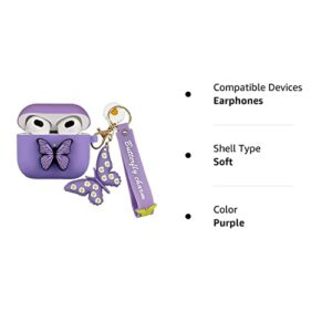 YQG Compatible with Airpods 3rd Gen 2021 Case Cover, Cute 3D Butterfly Fashion Cartoon Liquid Silicone Kids Teens Cases with Fun Cool Keychain for Apple Airpods 3rd Generation Charging Case (Purple)