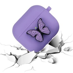YQG Compatible with Airpods 3rd Gen 2021 Case Cover, Cute 3D Butterfly Fashion Cartoon Liquid Silicone Kids Teens Cases with Fun Cool Keychain for Apple Airpods 3rd Generation Charging Case (Purple)