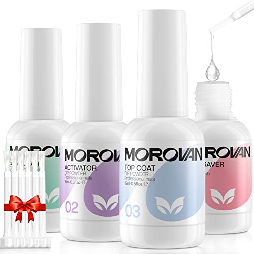 Morovan Dip Powder Liquid Set with Activator Base Top Coat and Dipping Powder Brush Saver 4pcs 0.5oz for Dip Powder Nail Kit