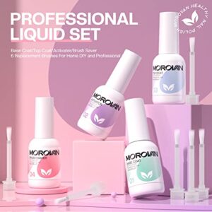 Morovan Dip Powder Liquid Set with Activator Base Top Coat and Dipping Powder Brush Saver 4pcs 0.5oz for Dip Powder Nail Kit