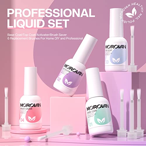 Morovan Dip Powder Liquid Set with Activator Base Top Coat and Dipping Powder Brush Saver 4pcs 0.5oz for Dip Powder Nail Kit