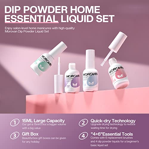 Morovan Dip Powder Liquid Set with Activator Base Top Coat and Dipping Powder Brush Saver 4pcs 0.5oz for Dip Powder Nail Kit