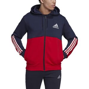 adidas men's essentials colorblock full zip hoodie, ink/scarlet, small