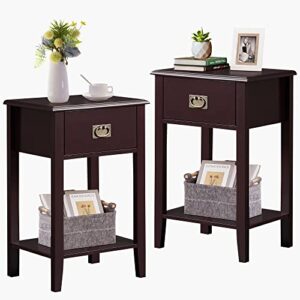 vecelo nightstands set of 2 end/side tables living room bedroom bedside, vintage accent furniture small space, solid wood legs, one drawer, black walnut