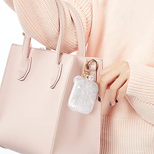 Luxury AirPods 3 Case with Shell Pearl Keychain Bling Marble Design Hard TPU Cover Compatible with AirPods 3rd Generation Case for Girls and Womens