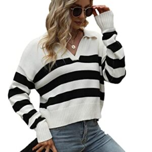 SheIn Women's Casual Long Sleeve Knit Sweater V Neck Striped Pullover Jumper Tops Black White XS