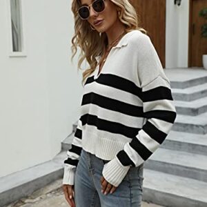 SheIn Women's Casual Long Sleeve Knit Sweater V Neck Striped Pullover Jumper Tops Black White XS