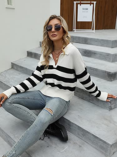 SheIn Women's Casual Long Sleeve Knit Sweater V Neck Striped Pullover Jumper Tops Black White XS