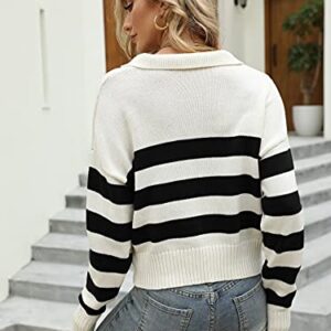 SheIn Women's Casual Long Sleeve Knit Sweater V Neck Striped Pullover Jumper Tops Black White XS