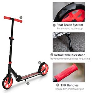 Soozier Folding Kick Scooter for 12 Years and Up for Adults and Teens, Push Scooter with Height Adjustable Handlebar, Big Wheels and Rear Wheel Brake