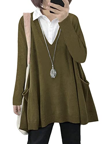 YESNO Women's Sweater with Swing Hem Oversized 2022 Long Sleeve V Neck Knit Pullover Tops Tunic Sweaters with Drop Pockets L WM9TYP1 Olive