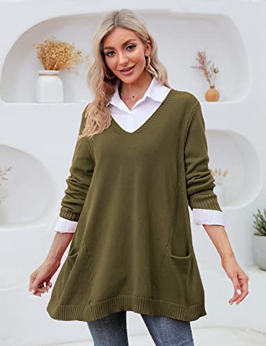 YESNO Women's Sweater with Swing Hem Oversized 2022 Long Sleeve V Neck Knit Pullover Tops Tunic Sweaters with Drop Pockets L WM9TYP1 Olive