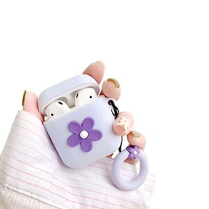 ownest compatible for airpods case cute cartoon flower pattern girls woman soft silicone shockproof keychain design cover for airpods 1 &2-purple