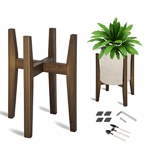 OERGKE Adjustable Plant Stand, Bamboo Mid Century Modern Indoor Plants Stands, Corner Flower Holder for Living Room, Fits 8 to 12 Inches Pots, (Pot & Plant Not Included)(Walnut, 1 Pack)