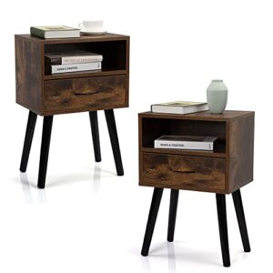 jaxpety nightstands set of 2, night stand with drawer and open storage shelf, bedside tables with solid wood legs, end table, side table, for bedroom, retro brown