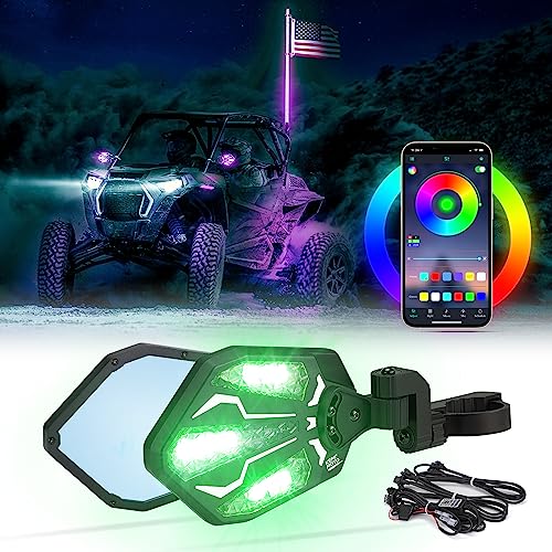 UTV Lighted Side Mirrors, KEMIMOTO RGB Mirror with 29 Color Modes for 1.6"-2" Roll Bar, Aluminium Side Mirrors Compatible with Can-Am Maverick X3, Polaris RZR, Pioneer, Teryx-1 CFMOTO Pair