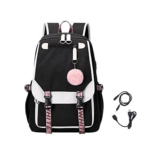 Teen Girls School Backpack with USB Port, Kids Black Backpack Lightweight Waterproof Can Hold 15.6 Laptop, Tablet.cute backpacks for high school Can Be Used As Gifts For Students Or Friends (Black)