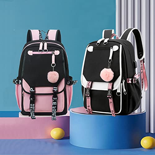 Teen Girls School Backpack with USB Port, Kids Black Backpack Lightweight Waterproof Can Hold 15.6 Laptop, Tablet.cute backpacks for high school Can Be Used As Gifts For Students Or Friends (Black)