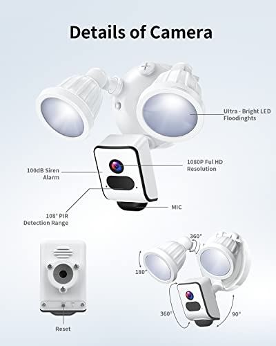 ZJX 2500 Lumens Floodlight Camera Outdoor, Security Cam with Motion-Activated Light, Motion Detection and Siren Alarm, Waterproof（White） (White), Round (FC-01)