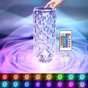 crystal table lamp, touch remote control modern nightstand lamp, 16 colors changing rose table lamp usb rechargeable bedside light for decorating bedroom living room dinner bar