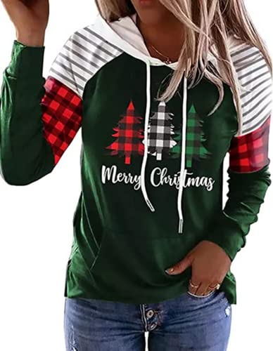 Merry Christmas Buffalo Plaid Tree Striped Splicing Hoodie Women Christmas Tree Sweatshirt Xmas Pullover Shirts (Green, Large)