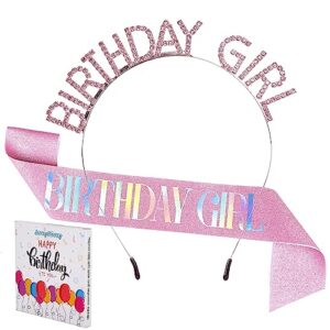 junyruny birthday girl glitter sash & tiara set, pink birthday sash and rhinestone crown for women, sweet princess birthday party decorations headband birthday gifts for her, happy birthday decor