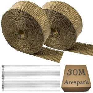 arespark titanium exhaust heat wrap, 2 roll 2'' x 50' thermal heat tape with 24pcs stainless steel cable ties, basalt fiber heat shield tape for motorcycles cars
