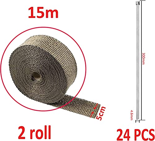 Arespark Titanium Exhaust Heat Wrap, 2 Roll 2'' x 50' Thermal Heat Tape with 24pcs Stainless Steel Cable Ties, Basalt Fiber Heat Shield Tape for Motorcycles Cars