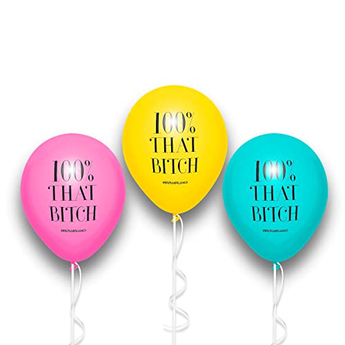 BADASS BALLOONS® 100% That Bitch Birthday & Bachelorette Balloons - Bachelorette Party Balloons - 12 Pack White Balloons- Muti-Color Balloons (Multi Color (Pink, Teal, Marigold, White, Black))