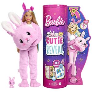 barbie cutie reveal doll, bunny plush costume, 10 surprises including mini pet & color change