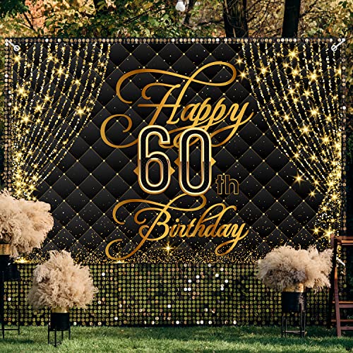 Happy 60th Birthday Banner Backdrop Royal Curtain Decorations Black Gold Background 60 Years Old Bday for Women Men Photography Party Decor Supplies