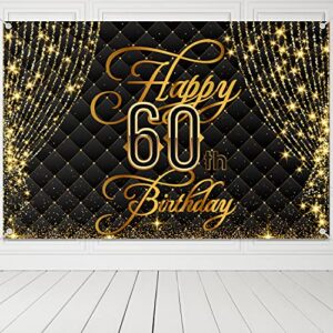 Happy 60th Birthday Banner Backdrop Royal Curtain Decorations Black Gold Background 60 Years Old Bday for Women Men Photography Party Decor Supplies